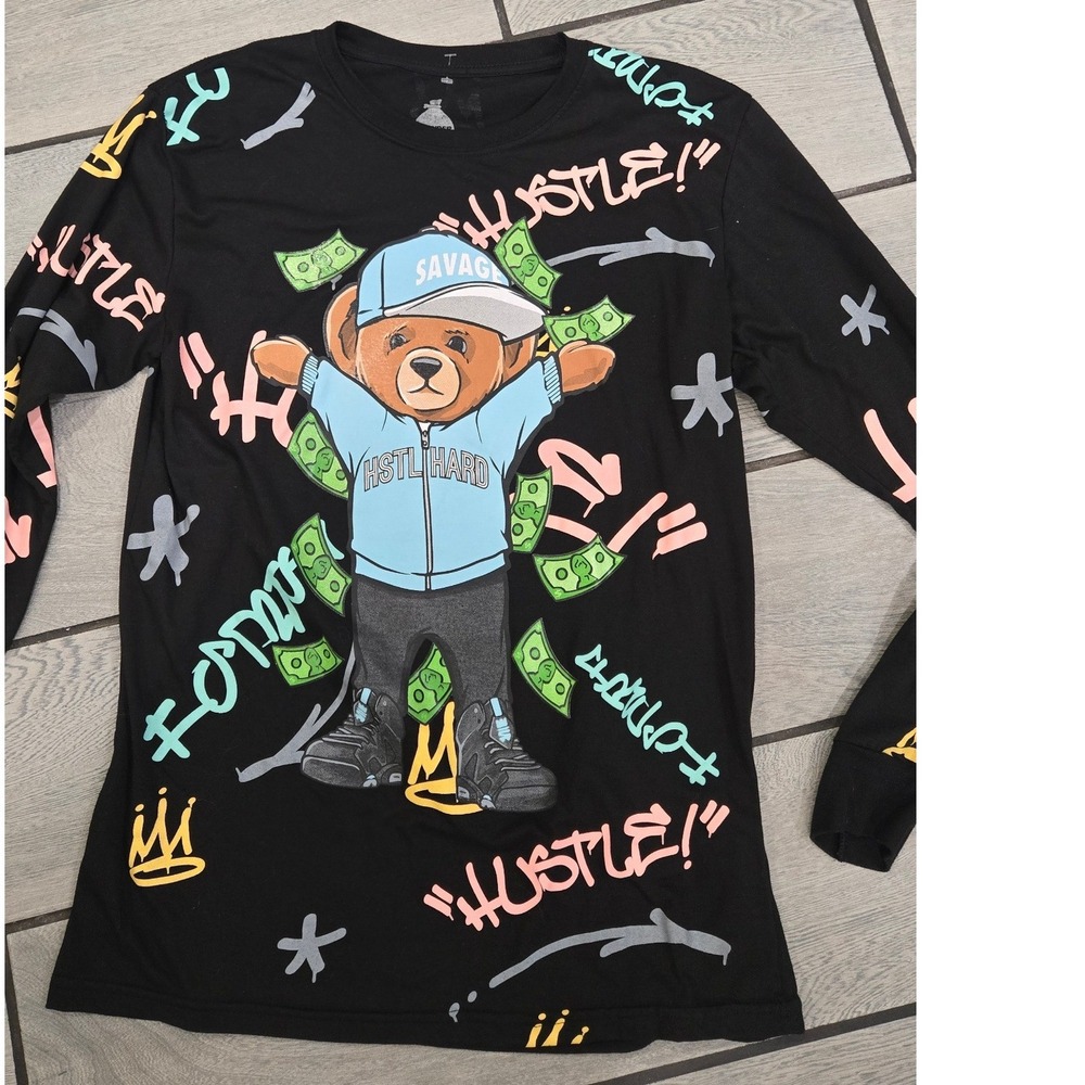 Launder Apparel Mens Black Hustle Graffiti Teddy Bear Long Sleeve Graphic Tee M